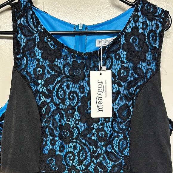 Lace Black and Blue Fit and Flare Midi Dress for Cocktail - Picture 2 of 11